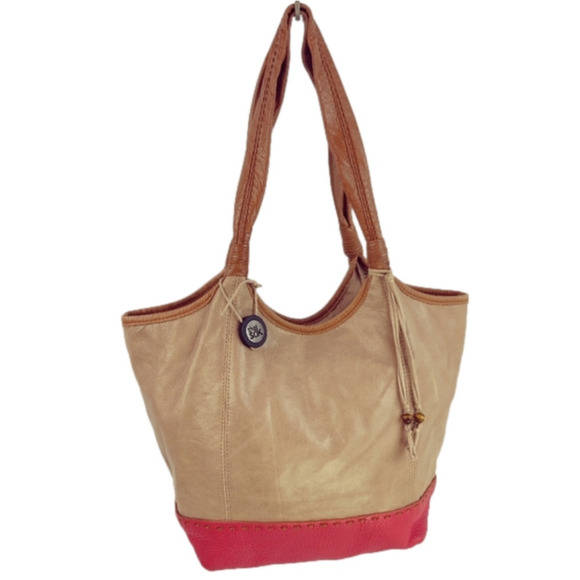 THE Sak 'Fernwood' Hobo Shoulder Bag in Tan & Red Leather Double Leather Strap - Picture 1 of 10